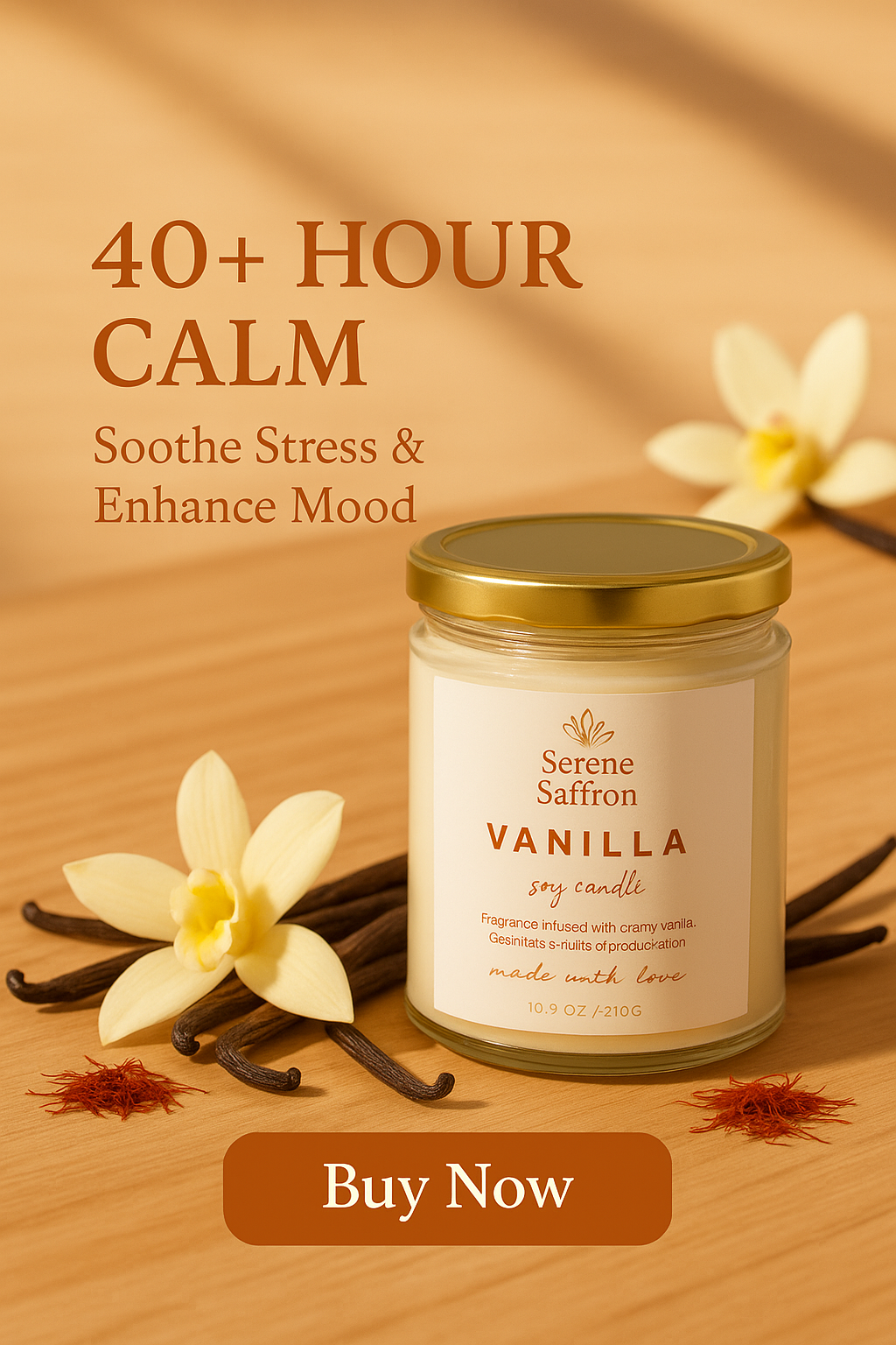 Vanilla Soy Wax Candle – 40+ Hour Burn | Premium Handpoured, Eco-Friendly, Aromatherapy Jar by Serene Saffron